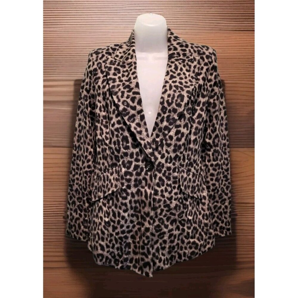 Cabi Black Gray Leopard Print 1 Button Knit Blazer Stretch Pockets Sz 2